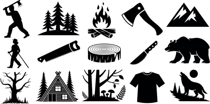 Outdoor camping and woodcutter silhouette icons set featuring lumberjack tools forest wildlife mountains cabin and wilderness adventure survival elements