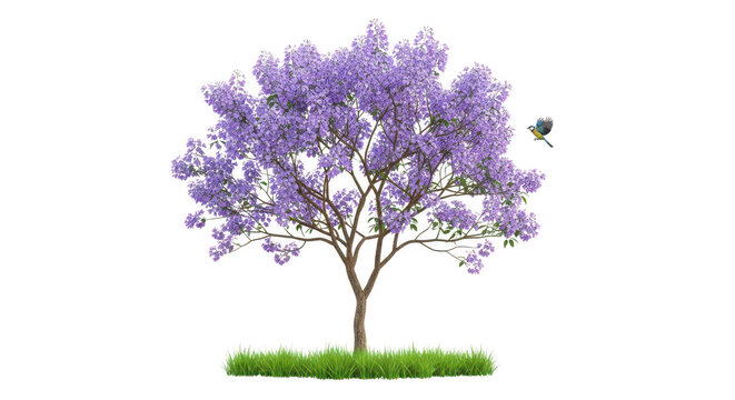 Beautiful blooming purple tree with lush green grass isolated on transparent background
