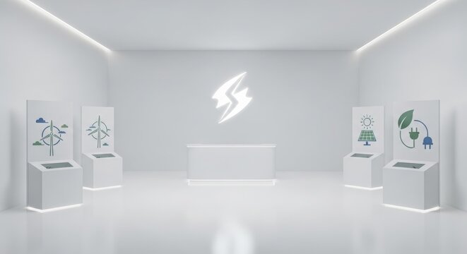 A modern, minimalist white room showcasing renewable energy concepts with interactive displays and a central desk.