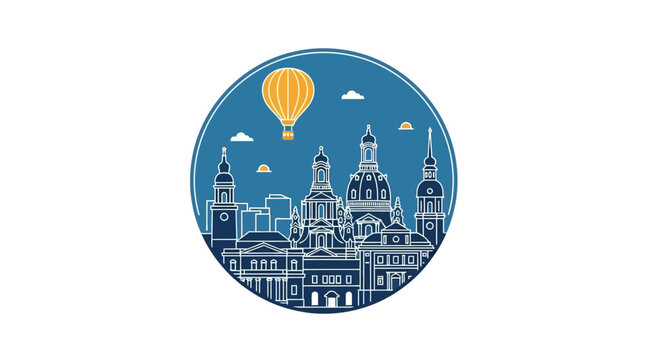 Minimalist blue circular skyline illustration of Dresden with balloon