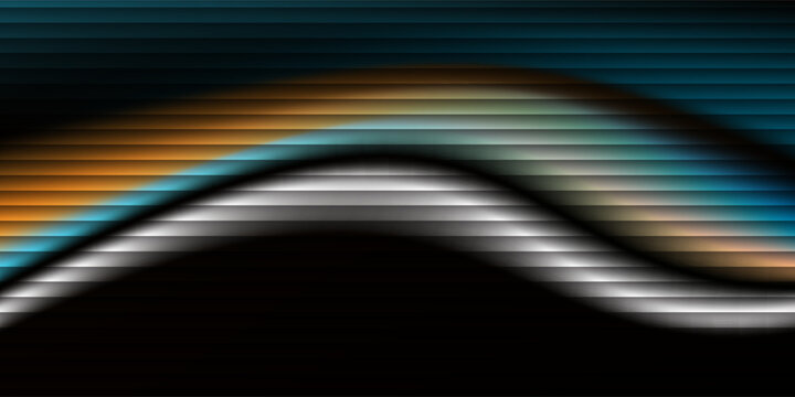 Abstract background with dark vertical bars and a flowing wave of white, teal, and orange light. Modern digital distortion effect