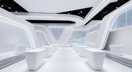 Fototapeta premium A modern, futuristic white interior space with sleek curved architecture and integrated LED lighting, featuring rows of minimalist seating units.
