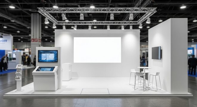 A modern, minimalist white exhibition booth with a large blank screen, interactive kiosk, and seating area in a spacious trade show hall.