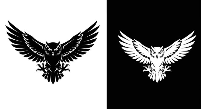 Flying owl mascot logo with spread wings and talons