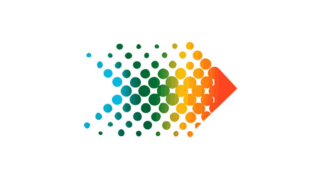 Colorful halftone dot arrow pointing right on white background