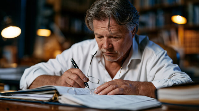 Single aging male archivist cross-referencing legacy government cybersecurity directives with current NIST framework documentation, bifocals balanced carefully, printed policy binders open across a 