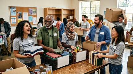 Obraz premium Diverse volunteers happily sorting donations, demonstrating community service and teamwork for a charitable cause.
