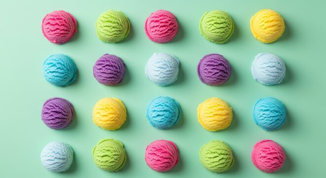 Des boules de glace color&eacute;es dispos&eacute;es en rang&eacute;es sur un fond vert vif.