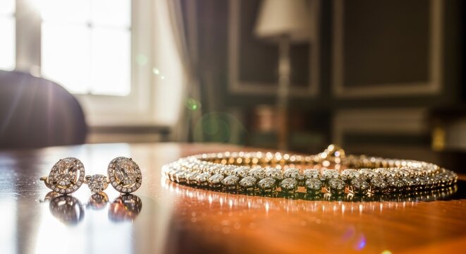 Bijoux &eacute;l&eacute;gants pr&eacute;sent&eacute;s sur une table en bois, notamment des boucles d'oreilles et un collier en diamants.