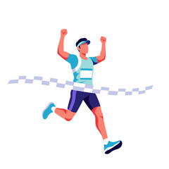 Obraz premium Marathon Winner Crossing Finish Line, Cartoon Illustration