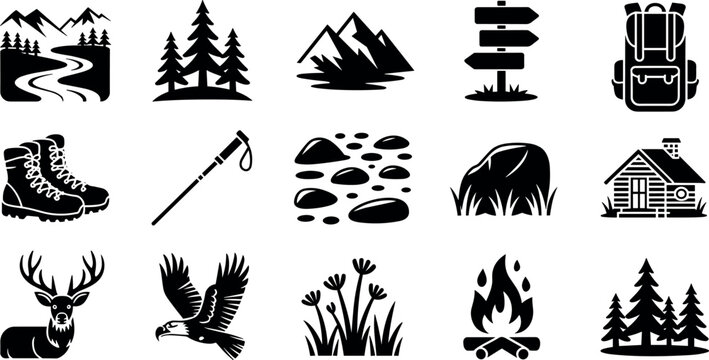 Outdoor hiking and mountain camping icon set featuring mountains forest trees deer eagle campfire backpack boots and wooden cabin