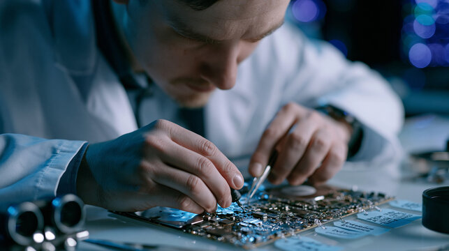 Cyber forensics specialist in sterile white lab coat carefully extracting encrypted data from seized storage hardware on a clean examination table, evidence tags attached, magnification tools nearby