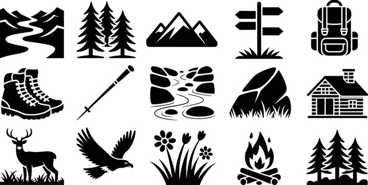 Outdoor hiking and mountain camping icon set featuring mountains forest trees deer eagle campfire backpack boots and wooden cabin