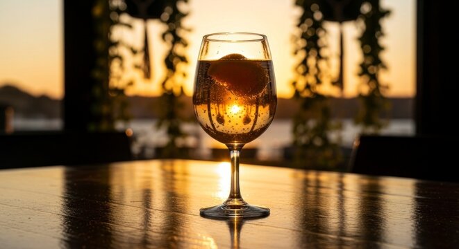Verre &agrave; vin refl&eacute;tant le coucher du soleil sur une table, silhouette de feuillage &agrave; l'int&eacute;rieur, lumi&egrave;re chaude