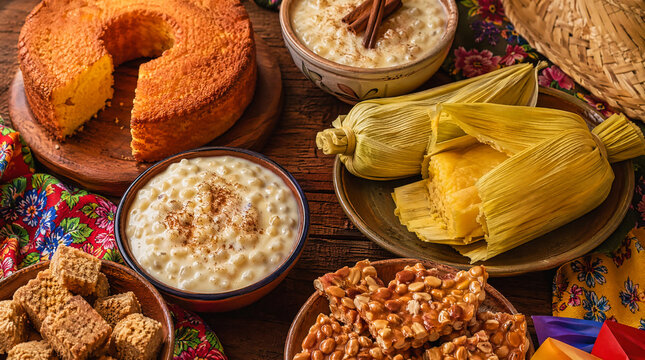 Festa Junina Feast: A vibrant spread of traditional Brazilian Festa Junina delicacies, including corn cakes, sweet rice pudding, and peanut brittle, arranged enticingly on a rustic wooden table.