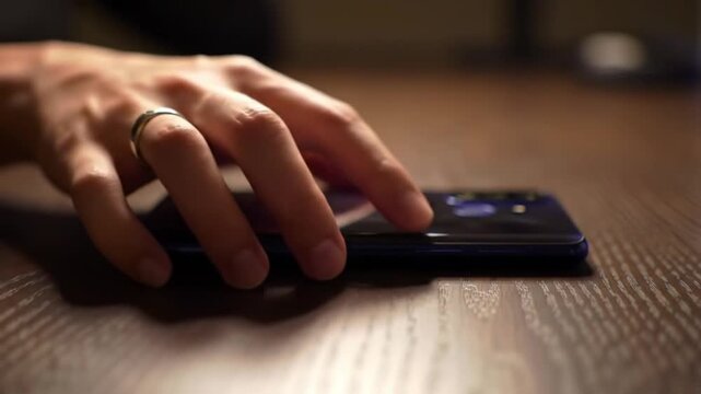 Closeup of a Smartphone Lying Flat on Wooden Surface with a Hand Reaching Toward It