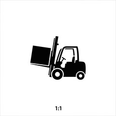 Naklejka premium Black forklift icon lifting a box on white backdrop