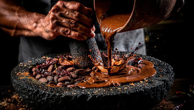 Artisan hands meticulously grind roasted cocoa beans on a traditional stone metate, transforming them into rich, dark chocolate paste, embodying ancient craft and culinary passion