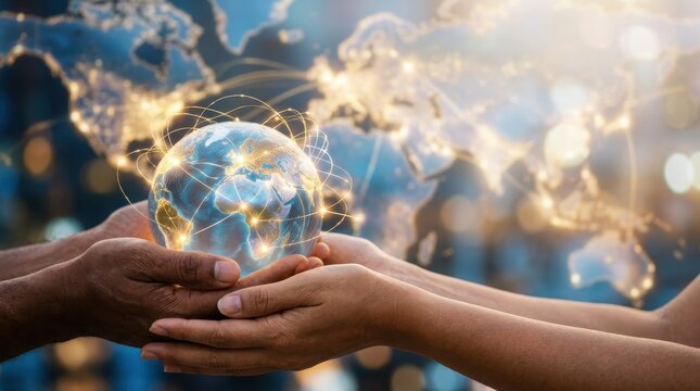 Diverse hands holding a glowing digital Earth globe, United Nations Public Service Day, representing global connectivity and international cooperation for sustainable development