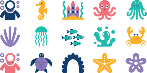 Underwater sea life icon set with cute octopus jellyfish turtle crab seahorse starfish and sandcastle for ocean adventure designs © MdAbdur