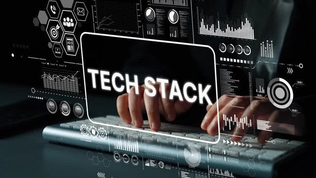 Hands Typing on Keyboard with Tech Stack Graphics and Data Visualization Background for Technology Concepts. Asymptotic smart data analytic.