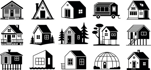 Collection of tiny house and cabin silhouette icons featuring a-frame log cabins treehouse dome and trailer for alternative living © MdAbdur