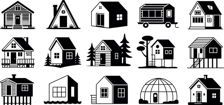 Collection of tiny house and cabin silhouette icons featuring a-frame log cabins treehouse dome and trailer for alternative living