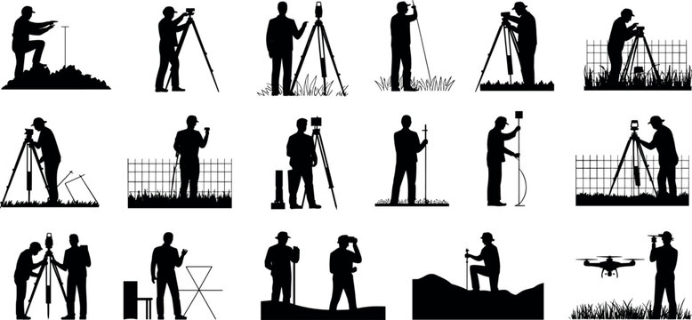 Land surveyor and civil engineering silhouette icon set featuring workers with theodolite total station tripod drone and measurement equipment
