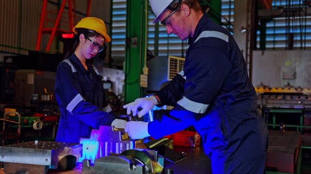Industrial factory worker engineer helmet safety glasses teamwork in manufacturing workshop, operating metalworking machine and welding metal parts during quality inspection on production line