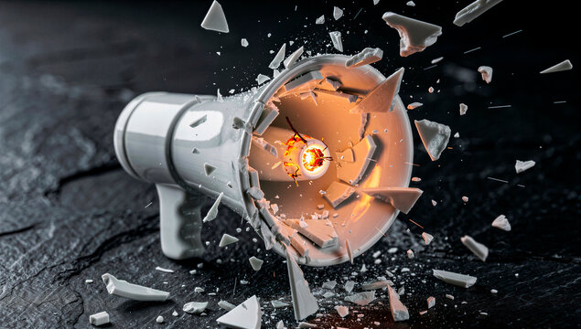Shattering megaphone symbolizes breaking down negative thoughts and the collapse of outdated communication methods