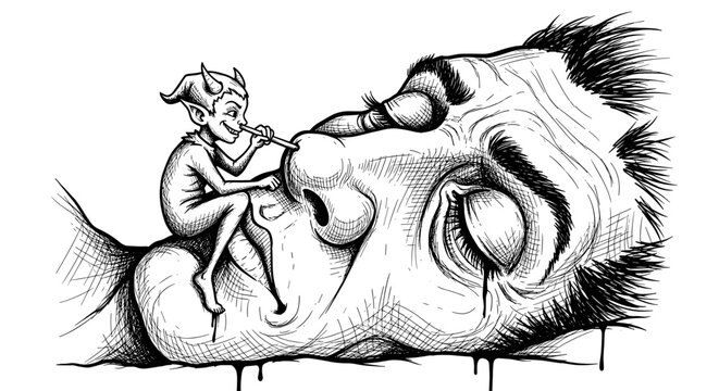 Small fairy perched on a sleeping giants nose.