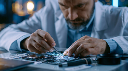 Fototapeta premium Cyber forensics specialist in sterile white lab coat carefully extracting encrypted data from seized storage hardware on a clean examination table, evidence tags attached, magnification tools nearby