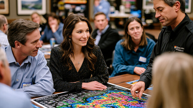Critical infrastructure protection tabletop exercise in a regional emergency management facility, participants gathered around a scenario map showing simulated municipal grid failure, a facilitator 