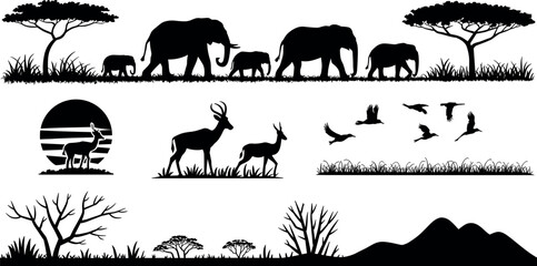 African savanna wildlife silhouette set with elephant family herd gazelles birds acacia trees and mountains for safari travel posters © MdAbdur