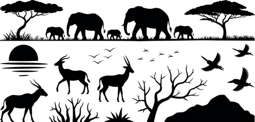 African savanna wildlife silhouette set with elephant family herd gazelles birds acacia trees and mountains for safari travel posters © MdAbdur