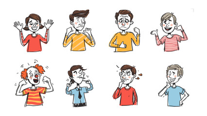 Fototapeta premium Diverse Emotions Illustrated: A collection of hand-drawn cartoon characters expressing a wide spectrum of human emotions, from joy and excitement to sadness and confusion.