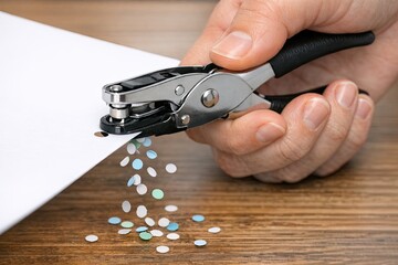 Fototapeta premium A person cutting a piece of paper with a pair of scissors, a simple office task