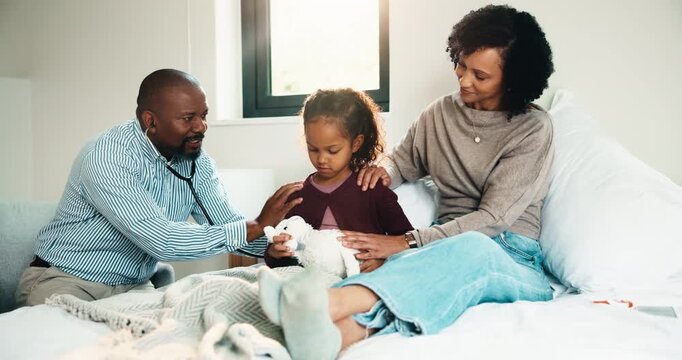 Doctor, stethoscope and mother with daughter in bedroom for breathing, medical advice and asthma. Respiratory infection, healthcare and lung sound with woman and child with pediatrician in home