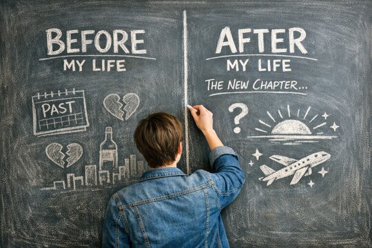 A person writing notes on a blackboard, symbolizing a new beginning or a fresh start