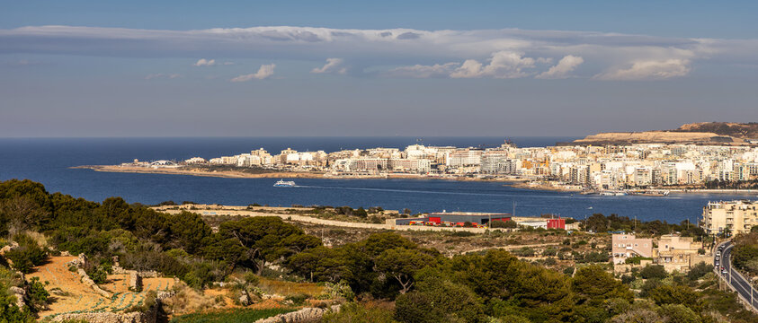 Panorama of St Pauls Bay and Bugibba Town, Malta
