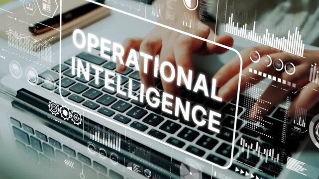 Hands Typing on Laptop with Overlay of Operational Intelligence Graphics and Data Analytics Visuals. Asymptotic smart data analytic.