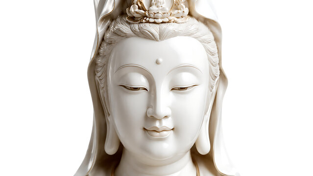Close Up Guanyin Goddess of Mercy Buddhist Statue Face with Ornate Crown on Transparent Background