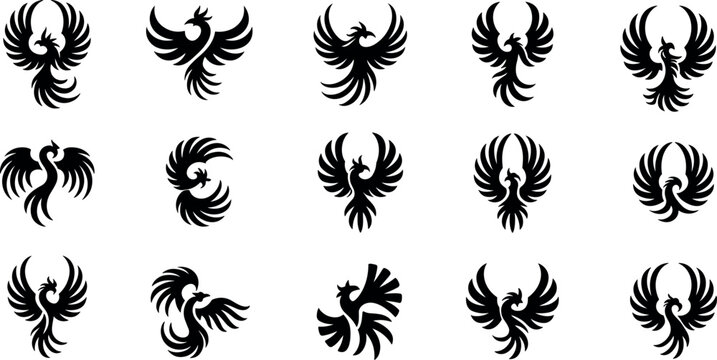 Collection of phoenix bird black silhouette icons featuring mythical fire birds with spread wings for tribal tattoo and logo design