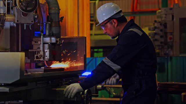 Industrial worker factory workshop machining metal, male technician operating and adjusting industrial machine, wearing hard hat, safety glasses and safety gear for metalworking manufacturing