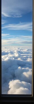 Gently undulating cloudscapes drift by window pane, landscape, white