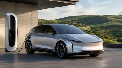 Obraz premium Silver electric car plugged into charging station, green hills background at sunset.