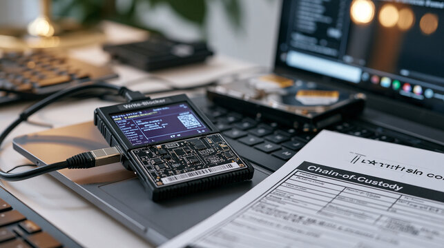 Single forensic workstation detail showing a write-blocker device connected to a cloned hard drive inside a cyber evidence processing room, evidence stickers visible, chain-of-custody log open besid