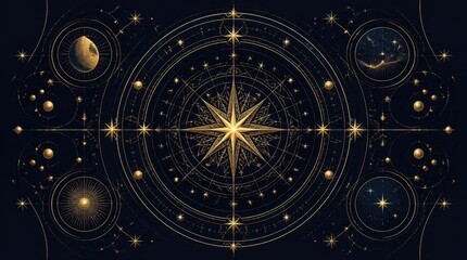 Fototapeta premium Ornate golden celestial map, stars, planets, constellations, dark night sky, geometric patterns, astrology, discovery.