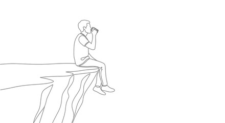 Obraz premium Man sitting on cliff edge, drinking coffee, contemplating view, minimalist line art