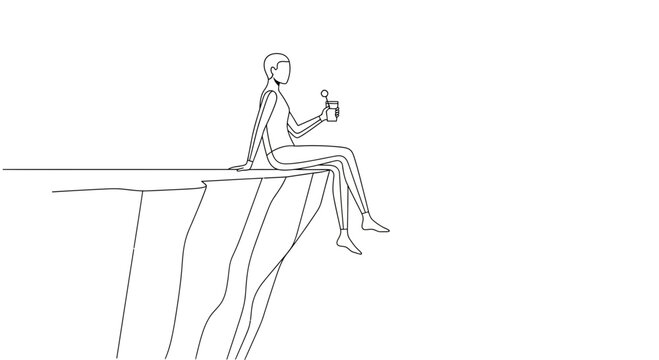 Man Sitting on Cliff Edge with Drink, Contemplating Nature and Solitude